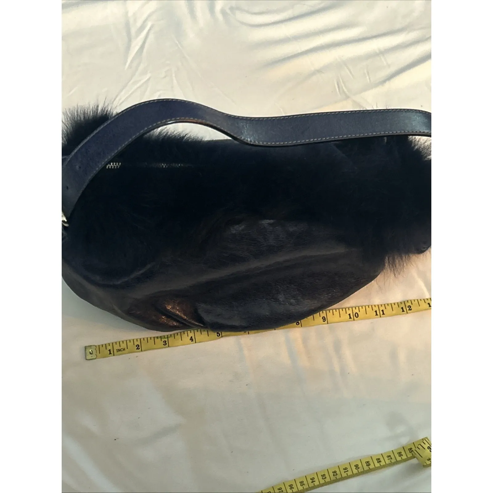 Vintage Castellari‎ Navy Blue Leather & Fur Shoulder Bag, Y2K Dark Blue Italian - Image 9