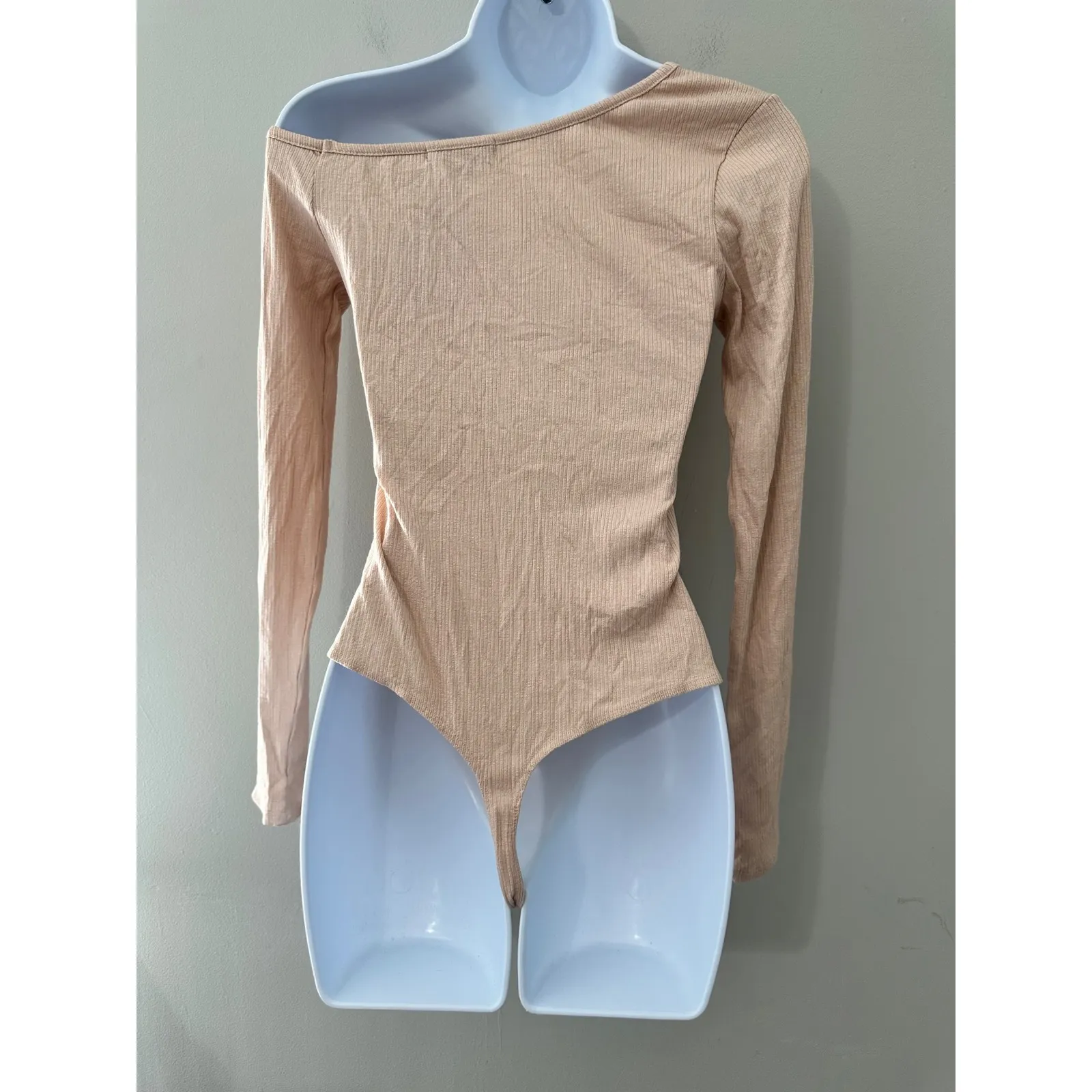 Trouvé Womens Ribbed Knit Bodysuit Long Sleeve Off‎ Shoulder Beige Size S Tan - Image 3