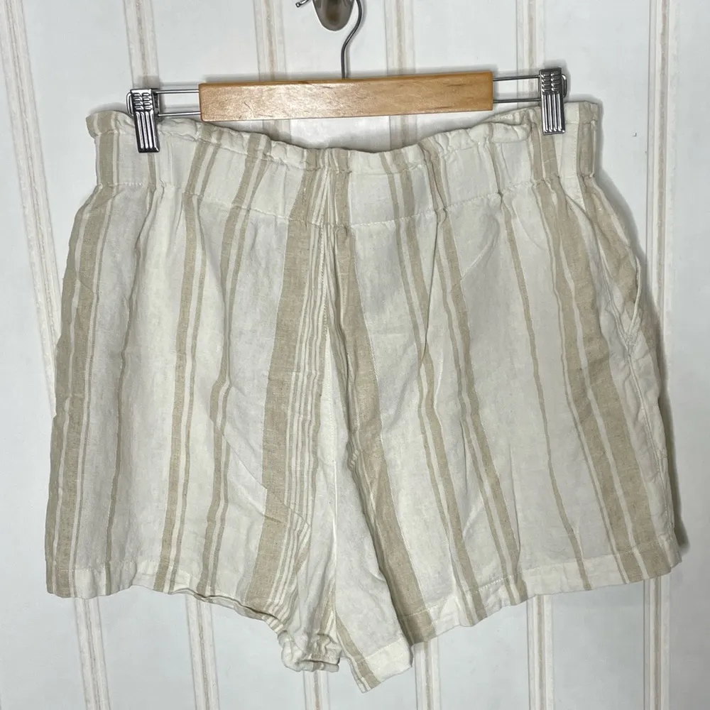 Madewell Women's Linen-Blend Pull-On Paperbag Shorts Tan White Beige Large 696 - Image 6