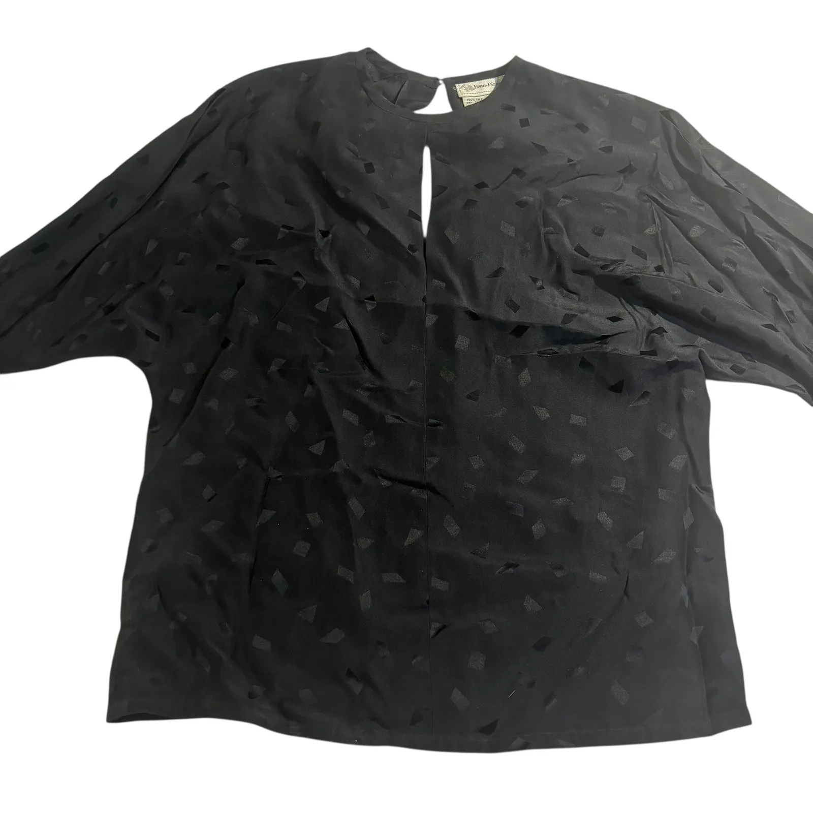Evan-Picone Silk Blouse Long Sleeve Keyhole Neckline Black Diamond Pattern 8 - Image 2
