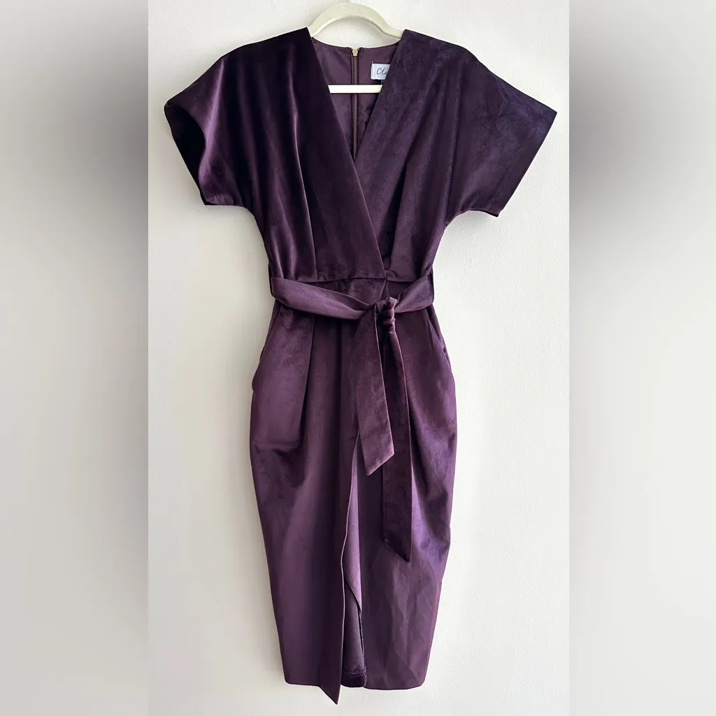 Closet London Kimono Sleeve Velvet Midi Dress with Wrap Tie, Plum, Size 4 Purple - Image 5