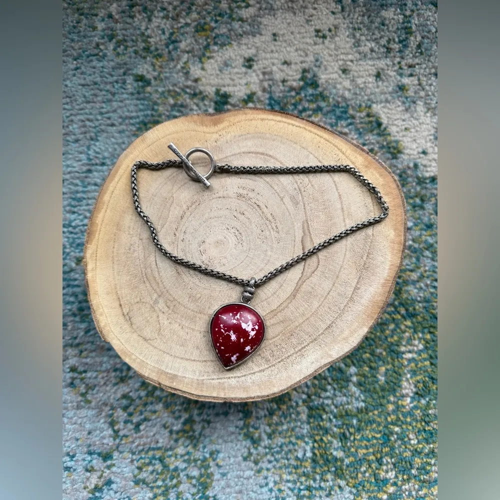 Vintage Y2K Lucky Brand red marble silver chain pendant necklace White - Image 2