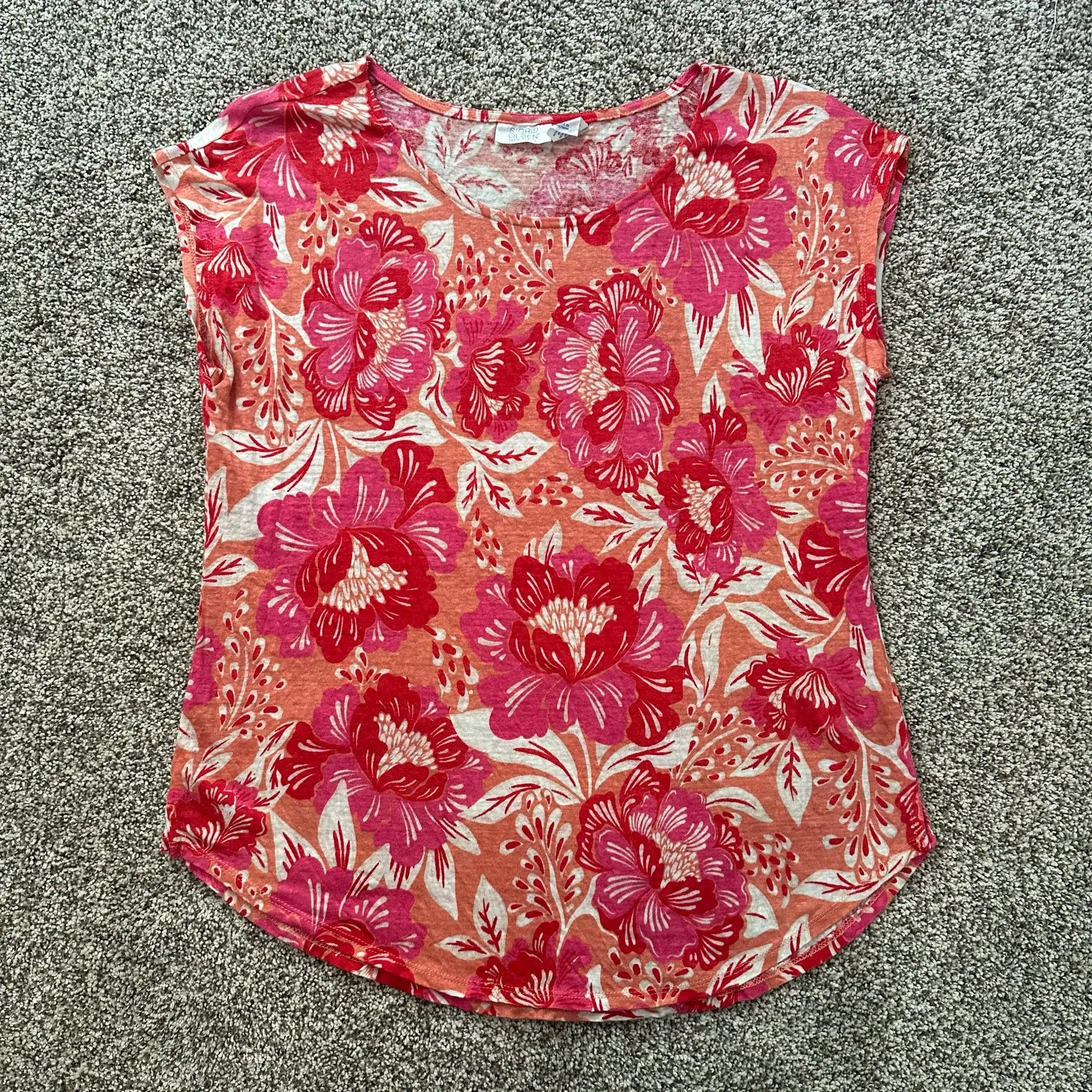 Sigrid Olsen pink, cream & red floral short sleeve linen top size L - Image 5