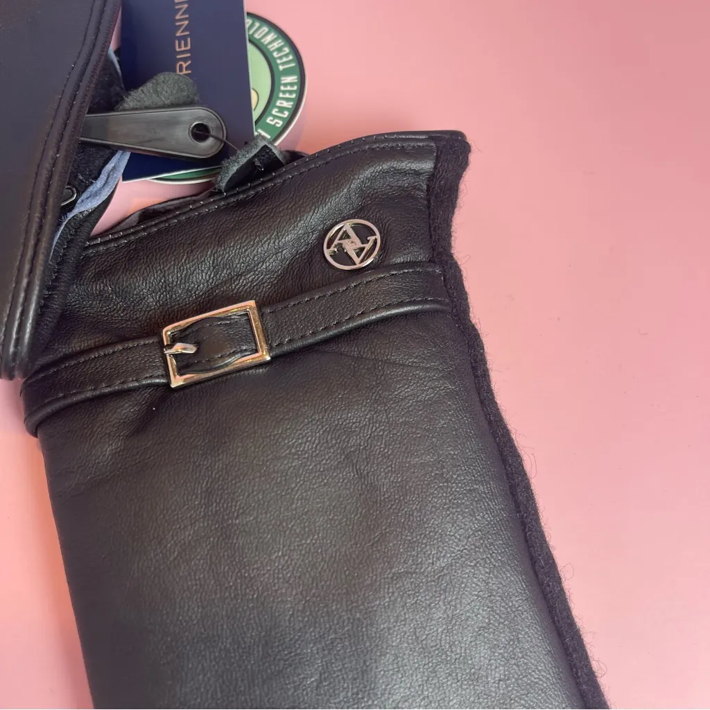 Adrienne Vittadini Black Leather Gloves Touchscreen Wool blend lining S/M NWT - Image 3