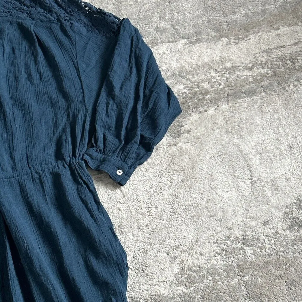 Free People Izzy Jumpsuit Womens Medium Crochet Lace Back Teal Blue Green - Image 7