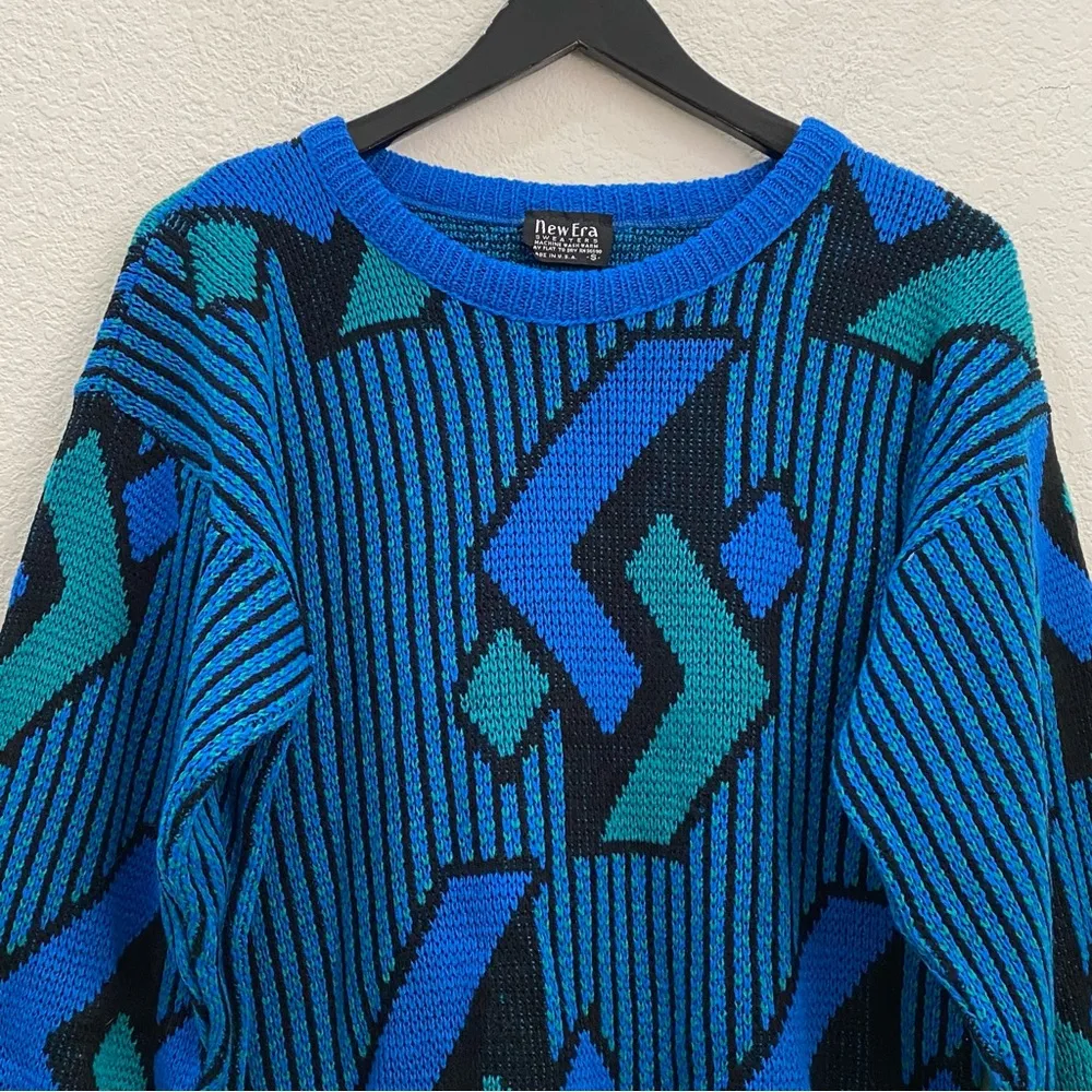 Vintage NEW ERA Blue Multi Geometric Knit Sweater Size S - Image 5