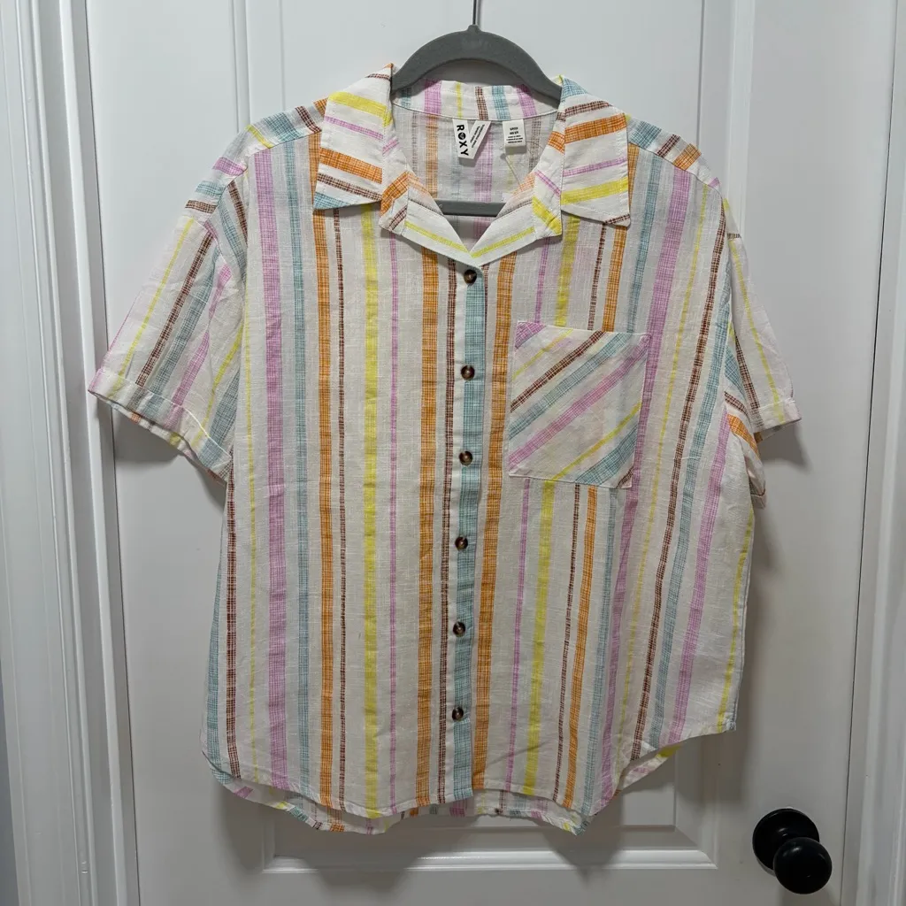Roxy Beach Nostalgia Top NWT size Small Striped Button Up Short Sleeve Blouse - Image 3