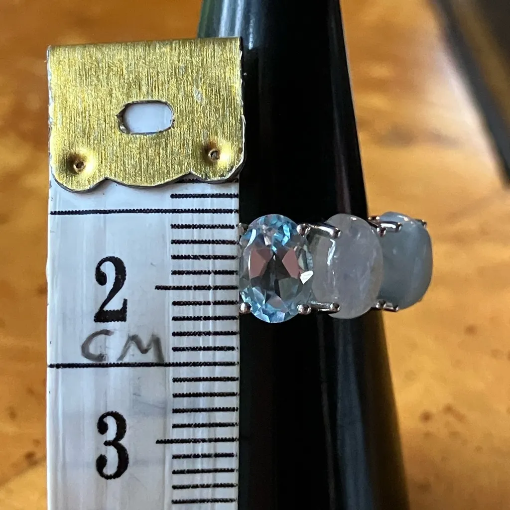 Blue Topaz Rainbow Moonstone Sterling Silver Ring Size 6 - Image 7