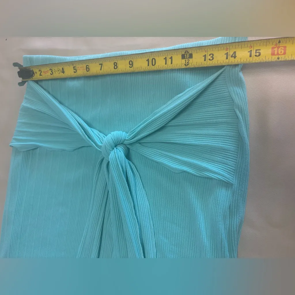 Women Ribbed Long Skirt Aqua Teal Green Size XL Lined Tied Waist Accent Bodycon - Image 7
