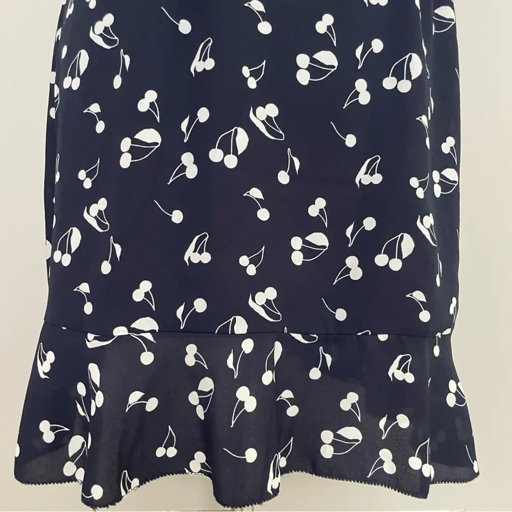 Sunday Best Dress  Savoy Wrap Cherry Print Ruffle Lined Navy Blue White - Image 9