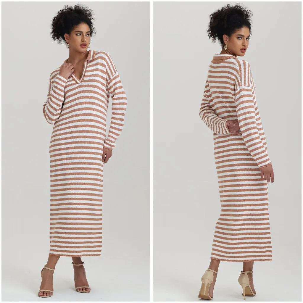 525 America Raya Stripe Polo Knit Sweater Dress in Walnut Multi Size M LIKE NEW - Image 3