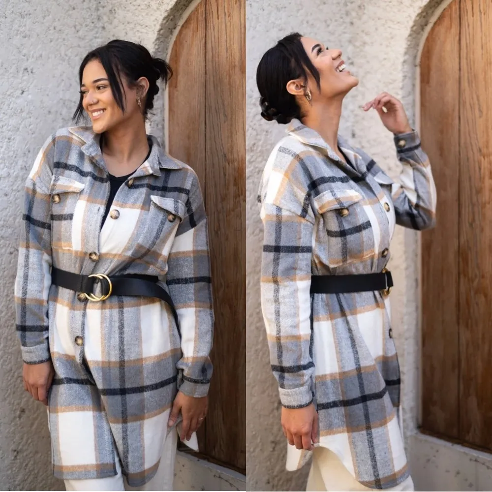 Plaid Flannel Button Long Shacket Shirt Jacket Peacoat Trench Coat Small - Image 7