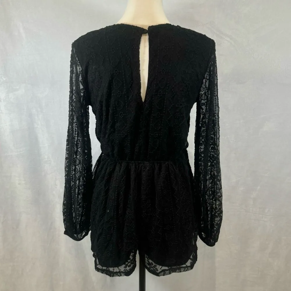 long sleeve black lace surplice top romper size small - Image 6