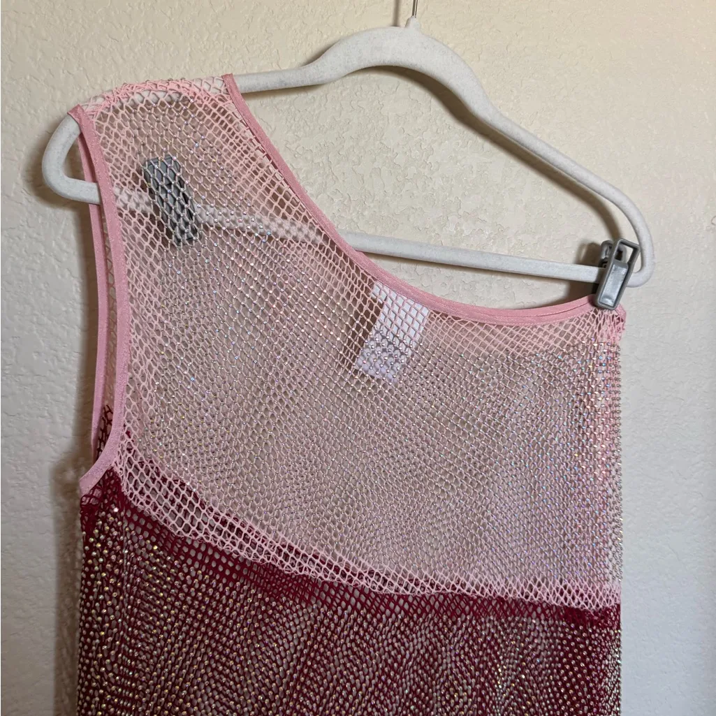 Queen of Sparkles beaded Mesh One Shoulder Asymmetrical Swim‎ Coverup Sz M Blue Size M - Image 6