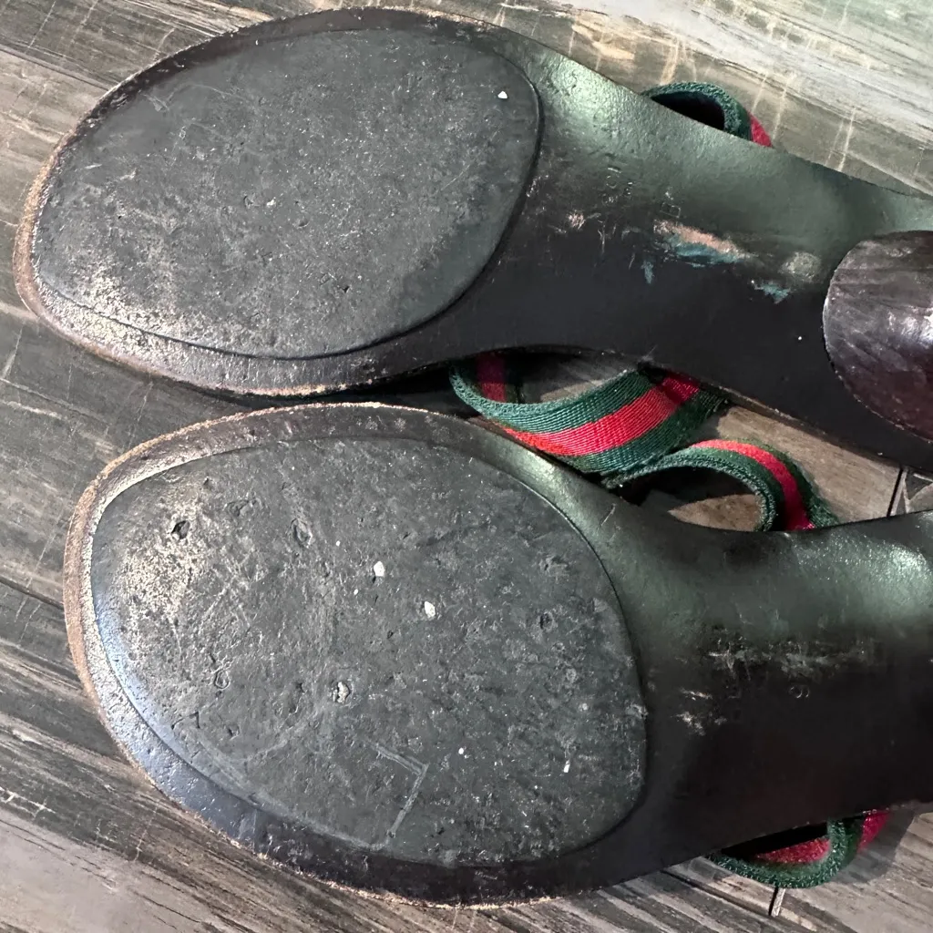 Gucci GG Logo Sandals Kitten‎ Heels THONGS Flip Flop Slides Brown Green Red 9.5 - Image 13