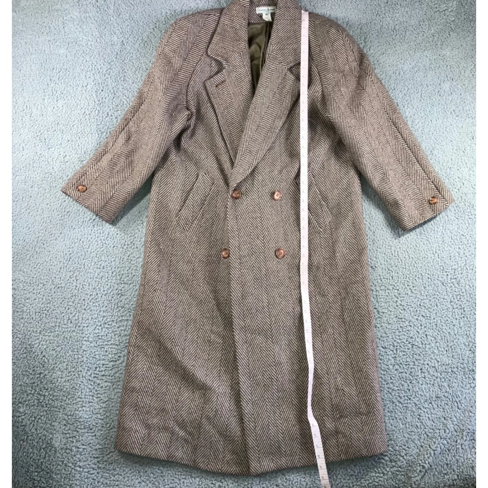 Vintage Herringbone Double Breasted Full Length 100% Wool OverCoat Women 10 Brown - Image 4