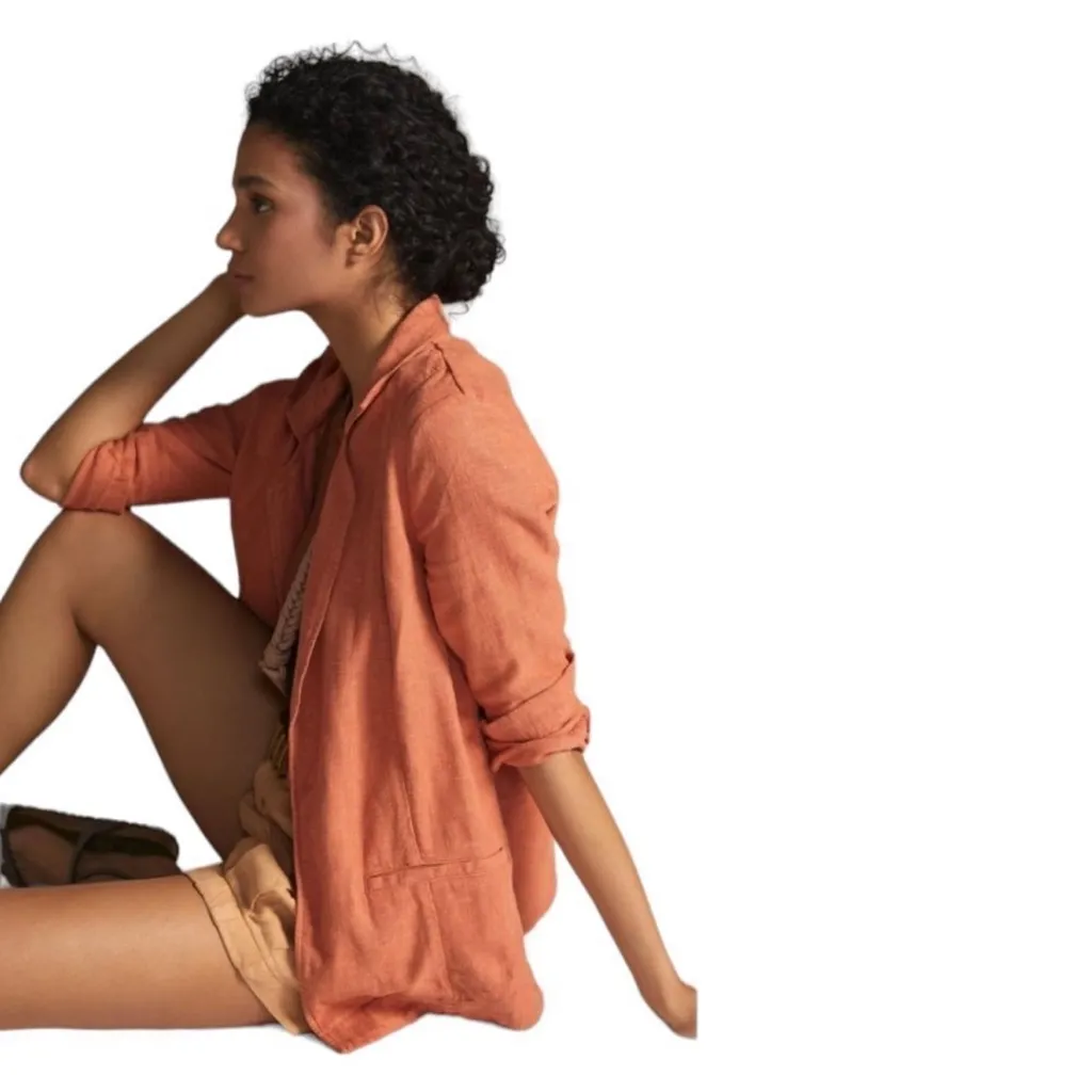 Anthropologie Vintage Washed Linen Blazer Terra Cotta Orange Split Back - Image 3