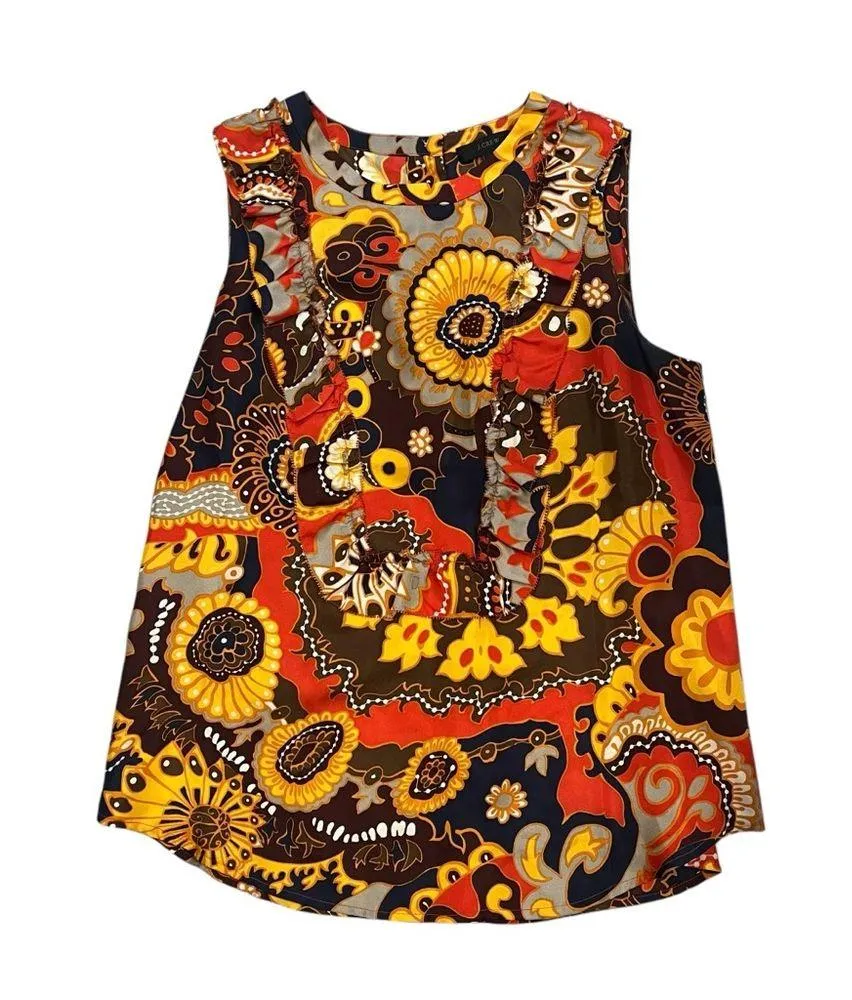 J. Crew Darwin 100% Silk Retro Floral Blouse Twill Ruffle Bib Ratti, Sz 4 - Image 13