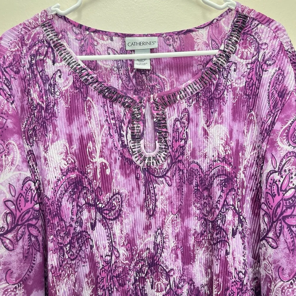 Catherines Pink Crinkle Pleated‎ Beaded Keyhole Neck Georgette Tunic Size 4X - Image 3
