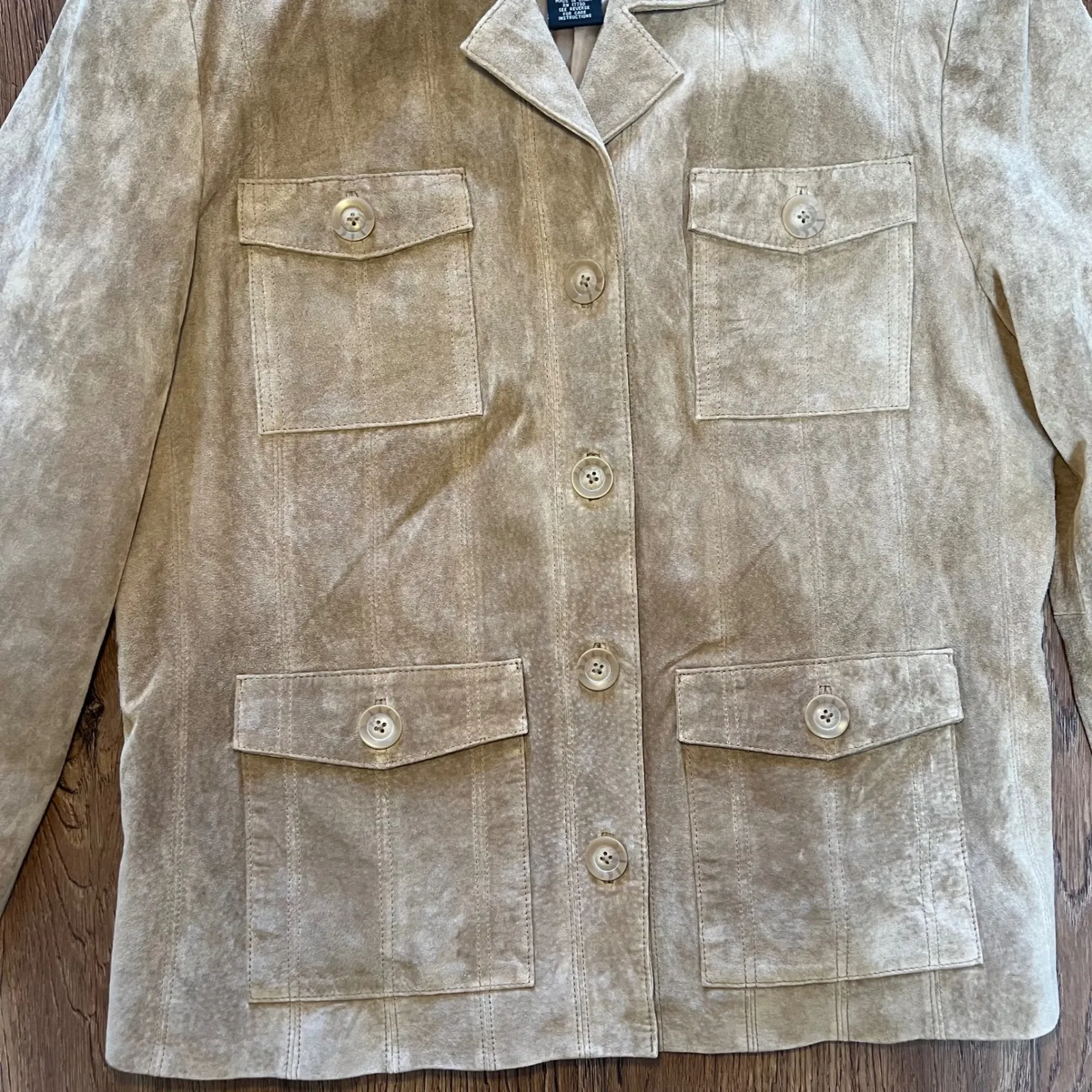 Mossimo Genuine Leather Suede Button Front Womens XL Utility Chore Jacket Beige Tan - Image 3