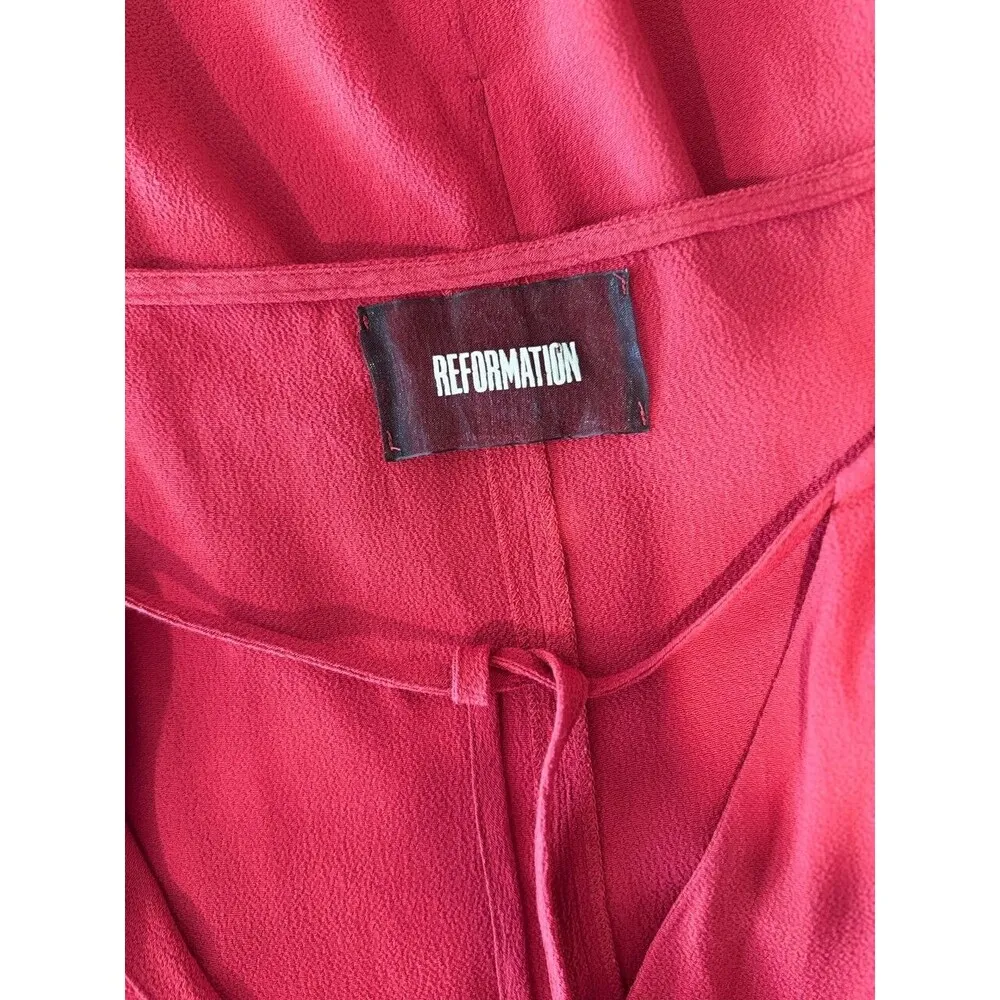 Reformation Womens Dress Red Mini V Neck Tie Neck Pockets Long Sleeve Size 4 - Image 3