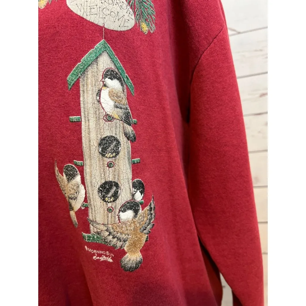 Morning Sun Sweatshirt Pullover Large Every Birdie Welcome Birds Vtg Vintage Red - Image 5