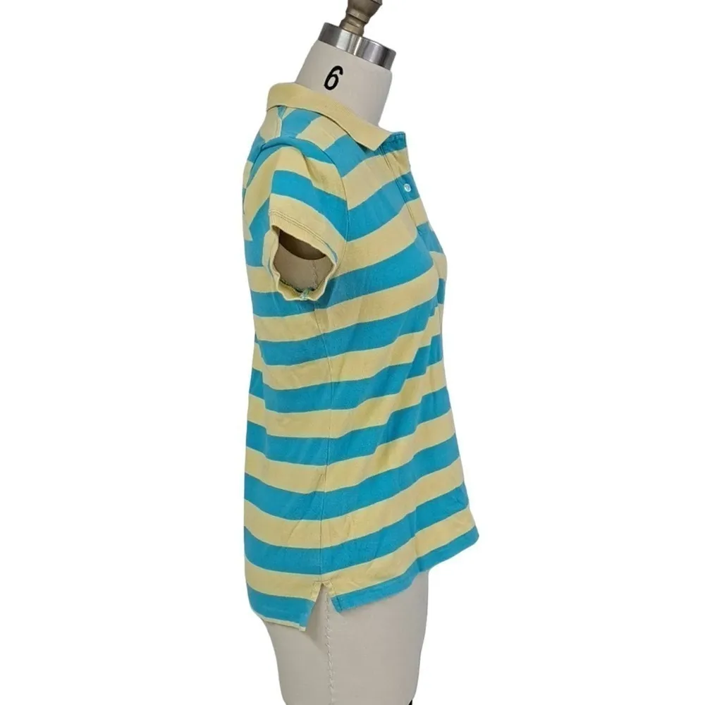 WOmens Ralph Lauren Polo shirt yellow blue stripes graphic design on back L - Image 3