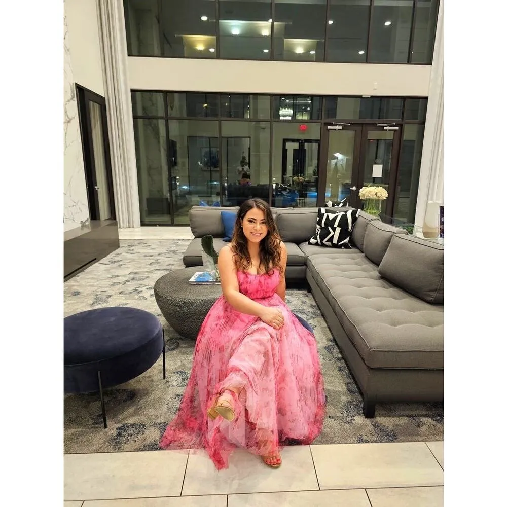 ML MONIQUE LHUILLIER Pink Floral Tulle Sweetheart Neckline A-Line Dress Size 14 - Image 5