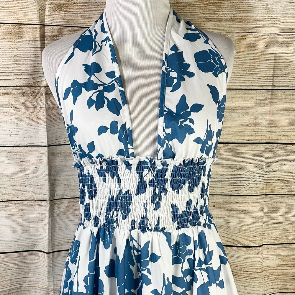 floral halter shirred waist A-line blue dress womens Size Large - Image 5
