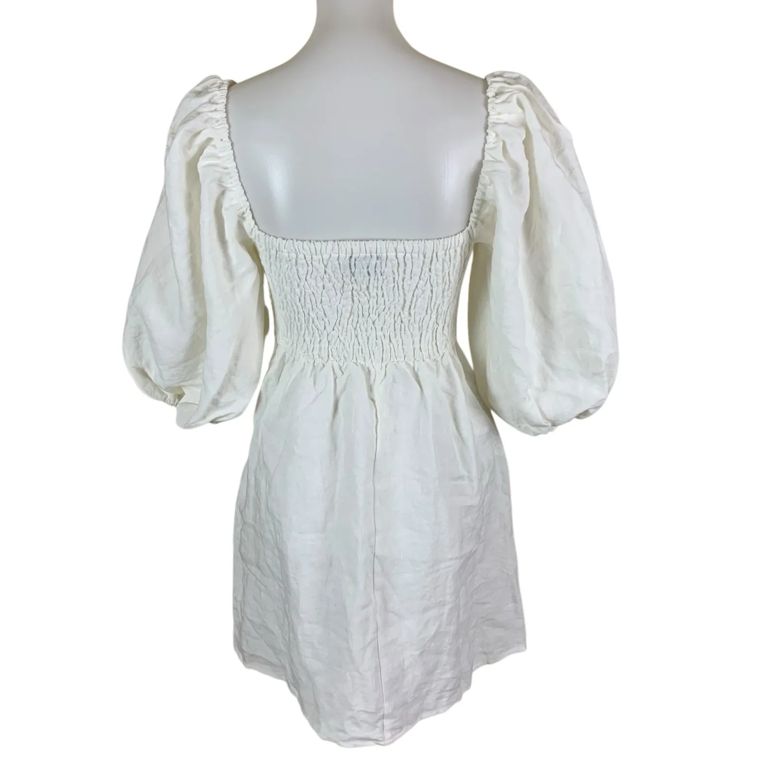 Tuckernuck White Linen Smocked Puff Sleeve Cottagecore Midi Dress Small - Image 3