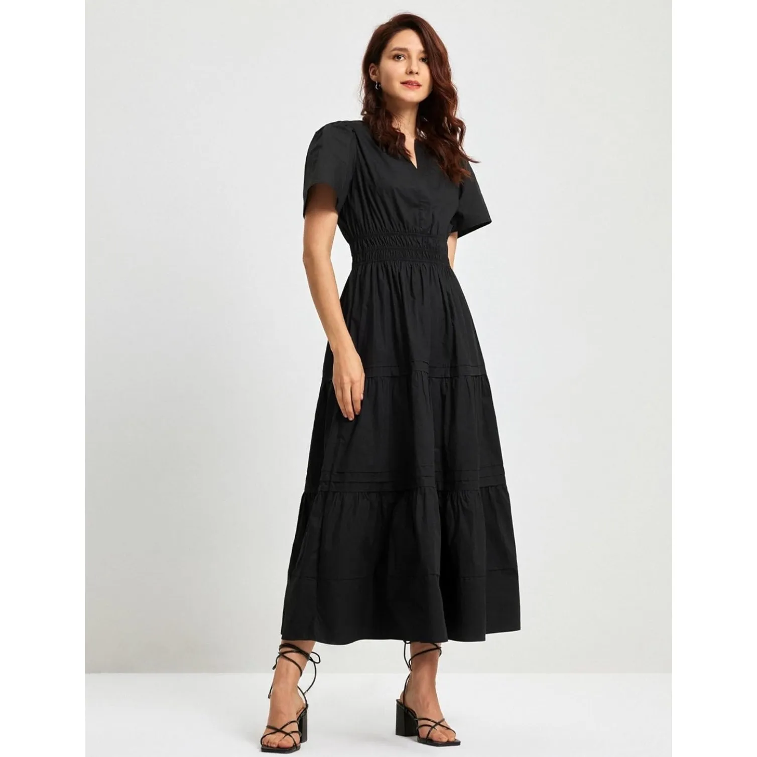 ThallWe Black Cotton Puff Sleeve Smocked Waist Tiered Maxi Dress Size S - Image 16