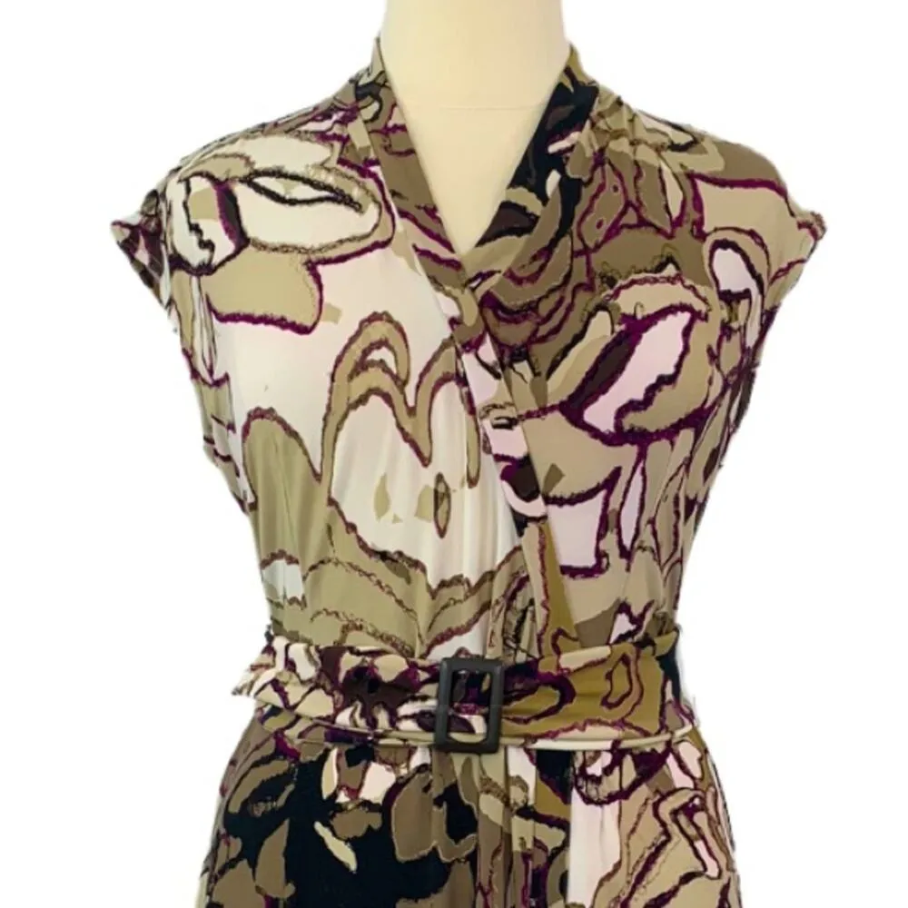 Dana Buchman Women's Dress Wrap Top Matte Jersey Cream Tan Print Belted Size XL - Image 5