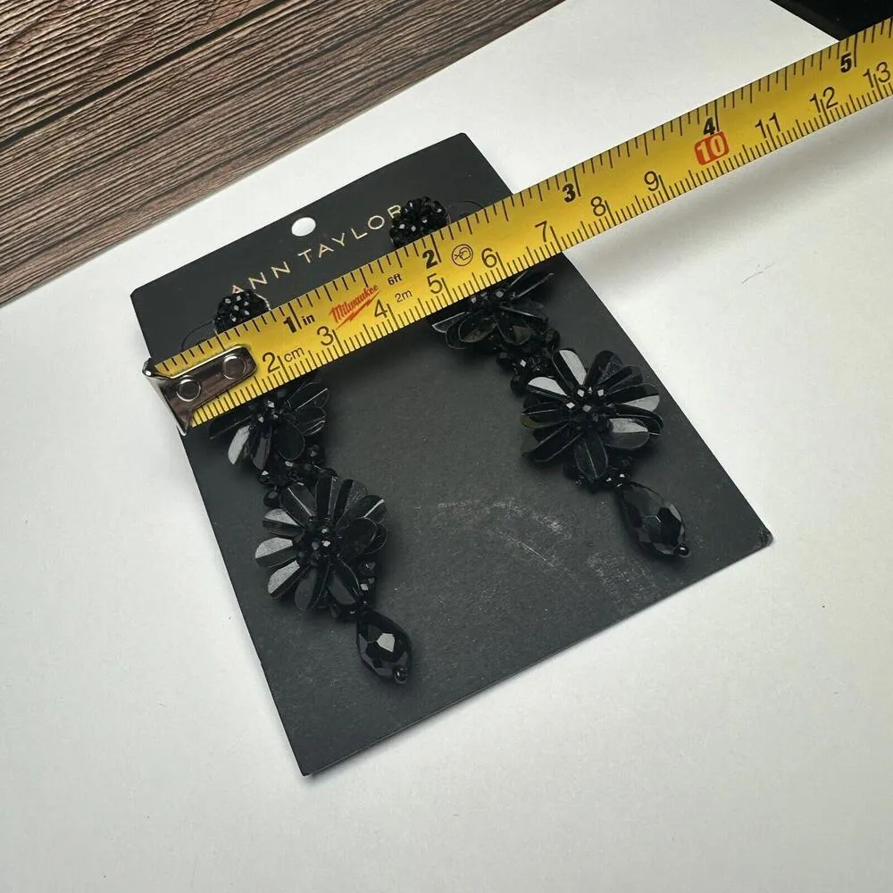 Ann Taylor Black Flower Beaded Pierced Dangle Drop Earrings DEFECT Mismatched - Image 10