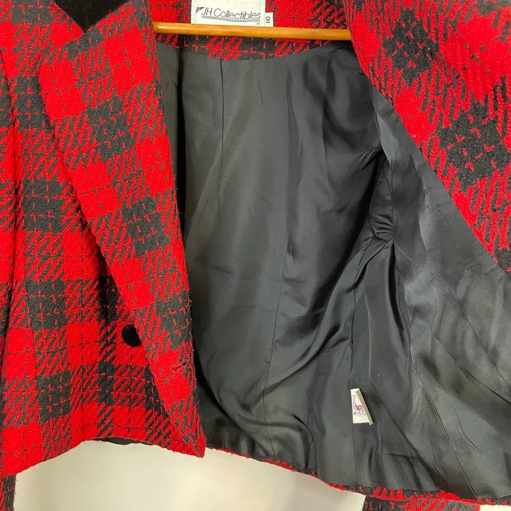 Vintage 90s Red Plaid Wool Blend Velvet Short Blazer Jacket preppy womens 10 - Image 7