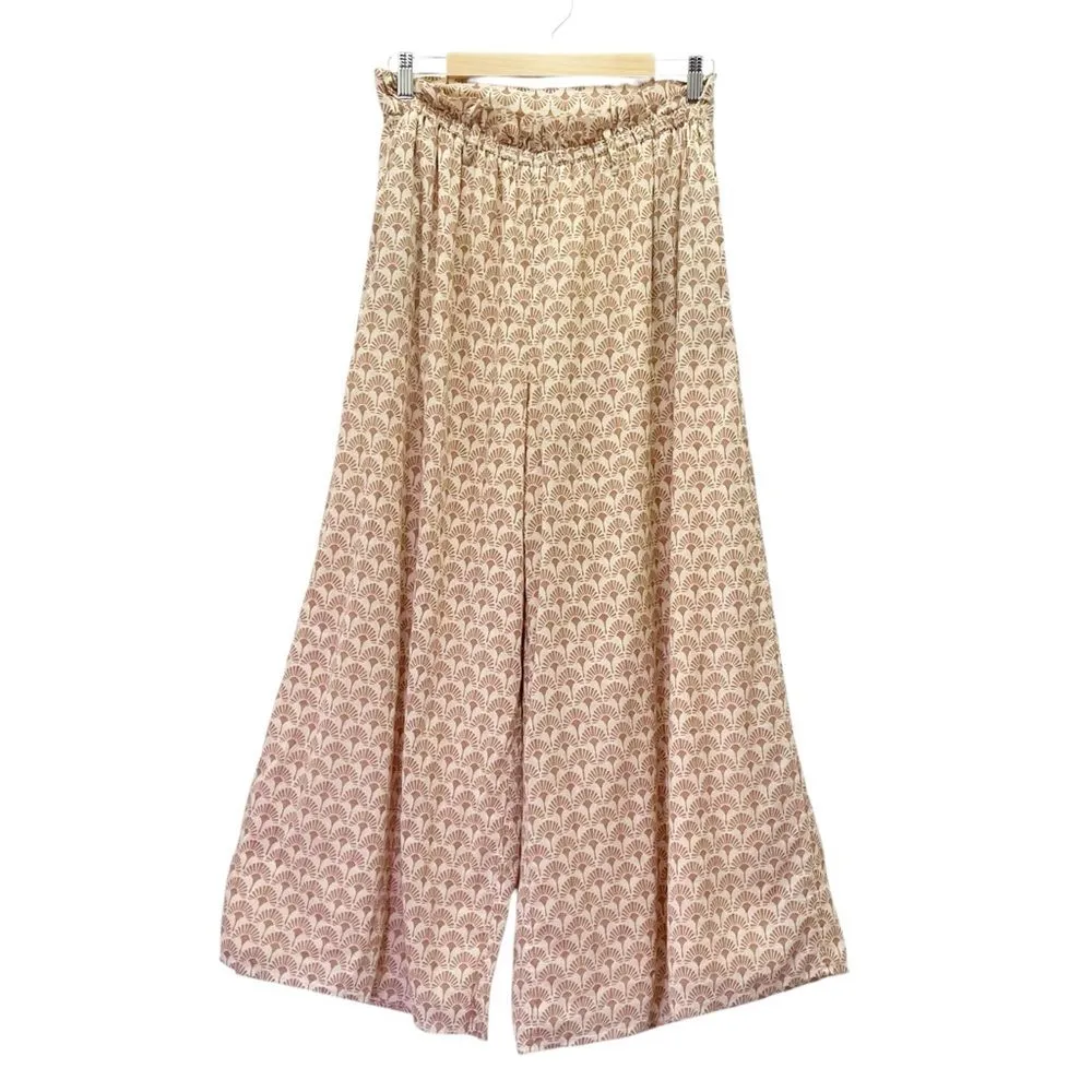 Bila77 High Waist Wide Leg Palazzo Pant Size Medium Boho Tan Batik Print Cotton - Image 2
