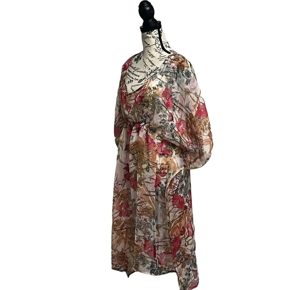 TAMSY Cream Floral Chiffon Kaftan Cover Up One Size Boho Beach Kimono Pink - Image 3