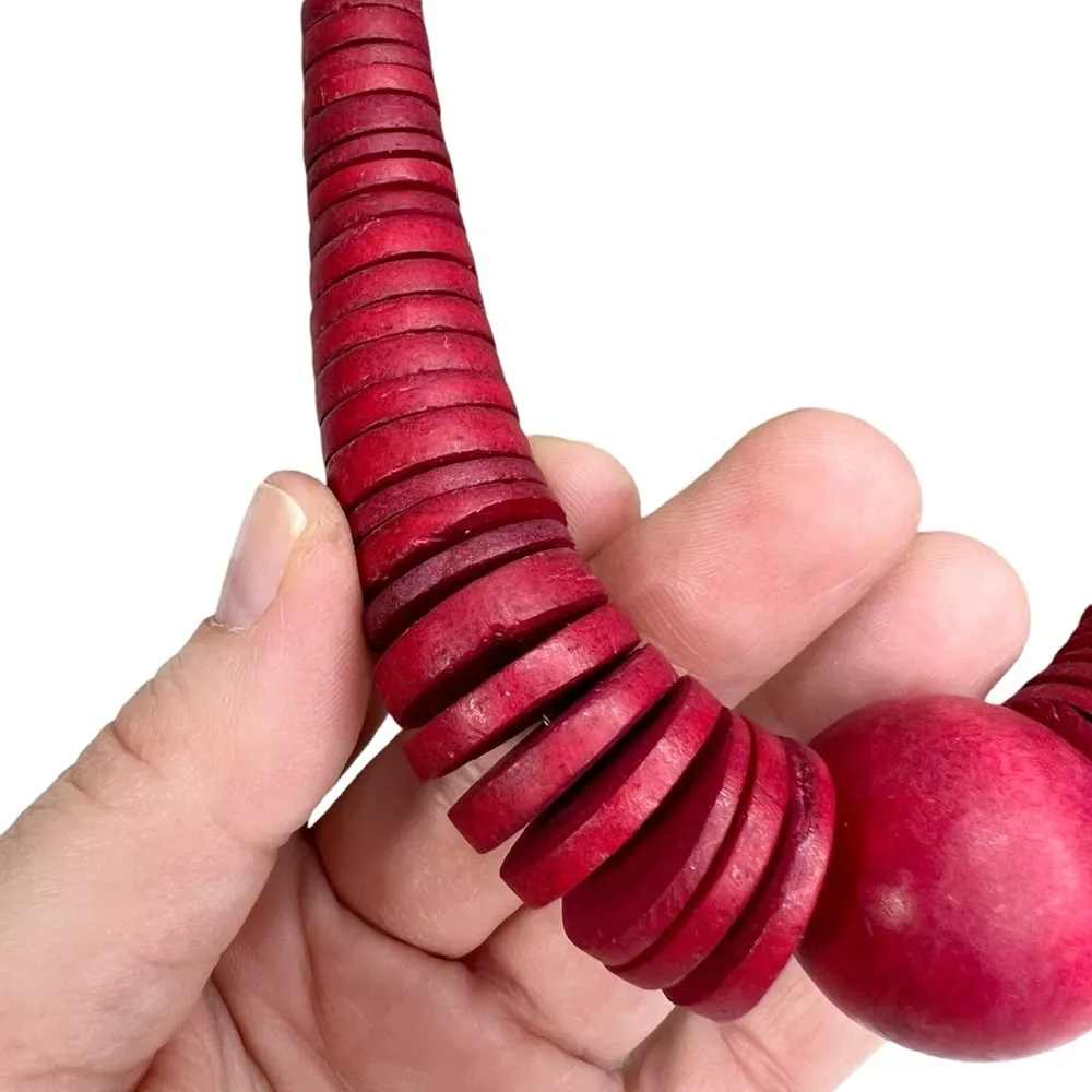 Cherry Red Wooden Disc & Round Ball Statement Necklace - Image 4