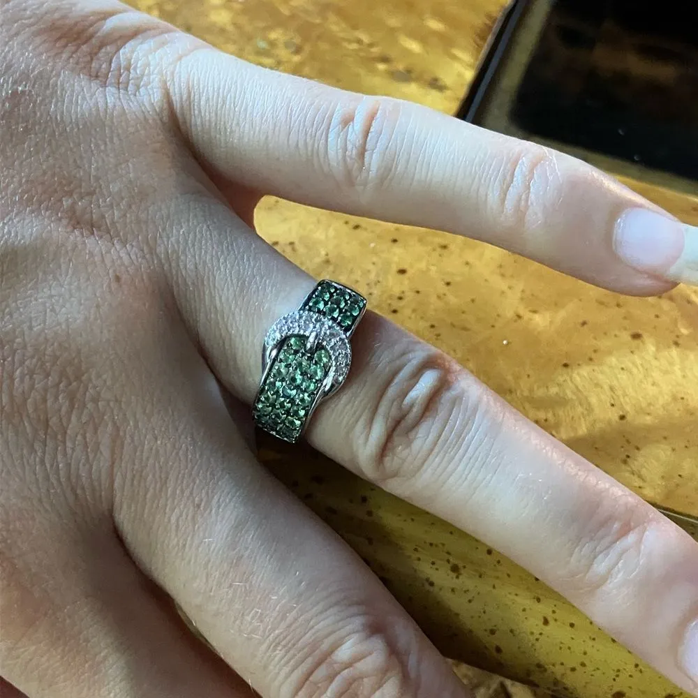 Natural Tsavorite Garnet Sterling Silver Buckle Ring Size 6 - Image 4