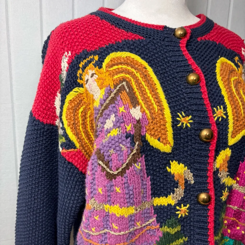 Cardigan Bay Vintage Angel Pattern Knitted by Hand Cardigan Christmas Sweater L Red Size L - Image 4
