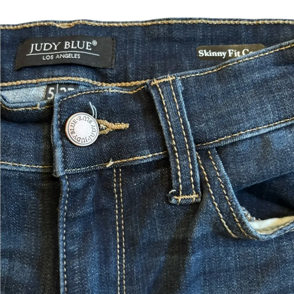 Cropped Skinny Fit Dark Blue Denim Jean Stretch Mid Rise Sz 5/27X17” - Image 3