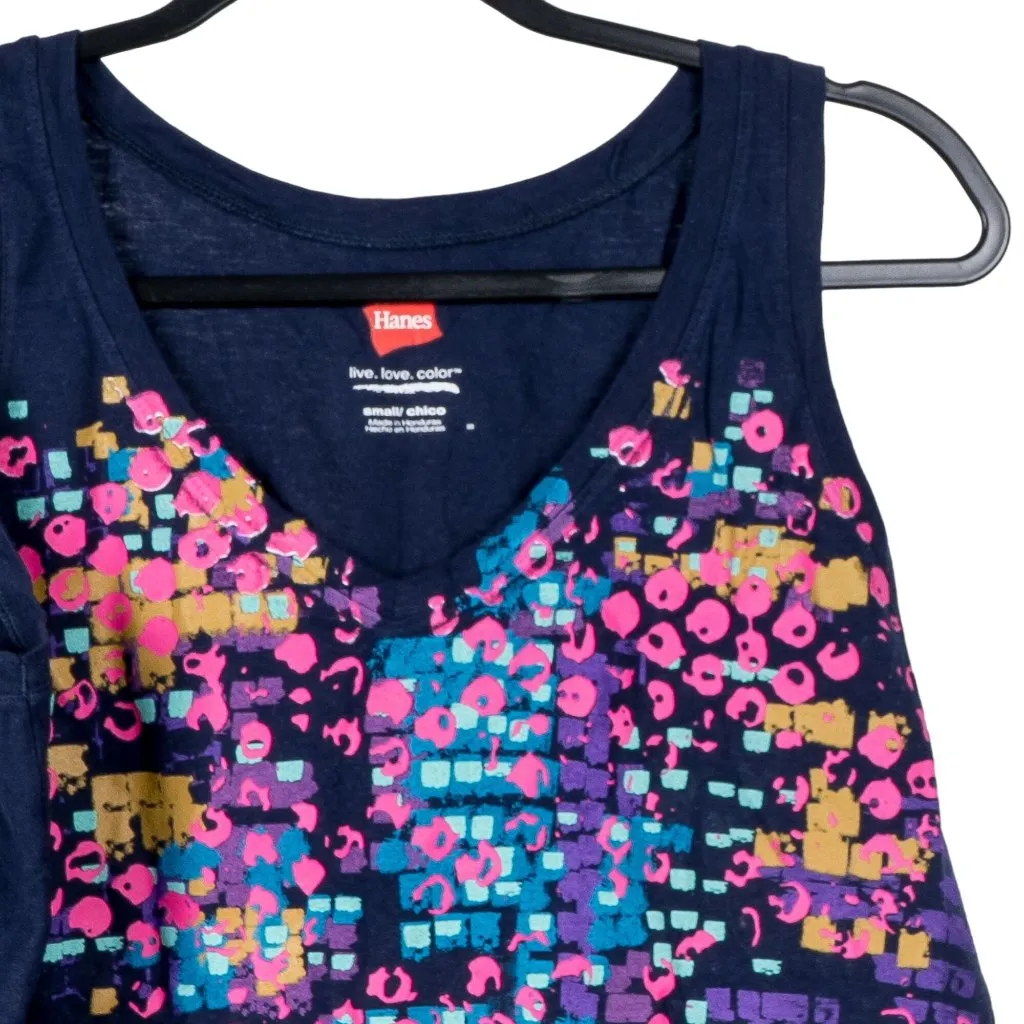 Hanes Tank Top S Womens Navy Blue VNeck Colorful Pink Orange Textured Cotton - Image 2