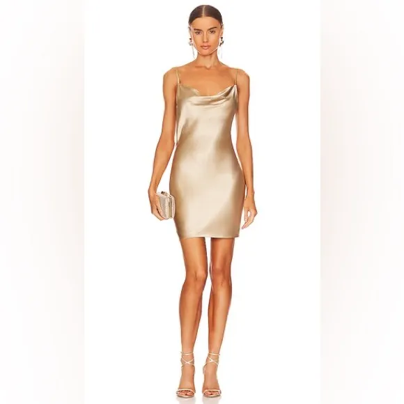 Fleur Du Mal 100%Silk Cowl Neck Slip Mini Dress Spaghetti Strap Bubbly Large NWT Tan - Image 3