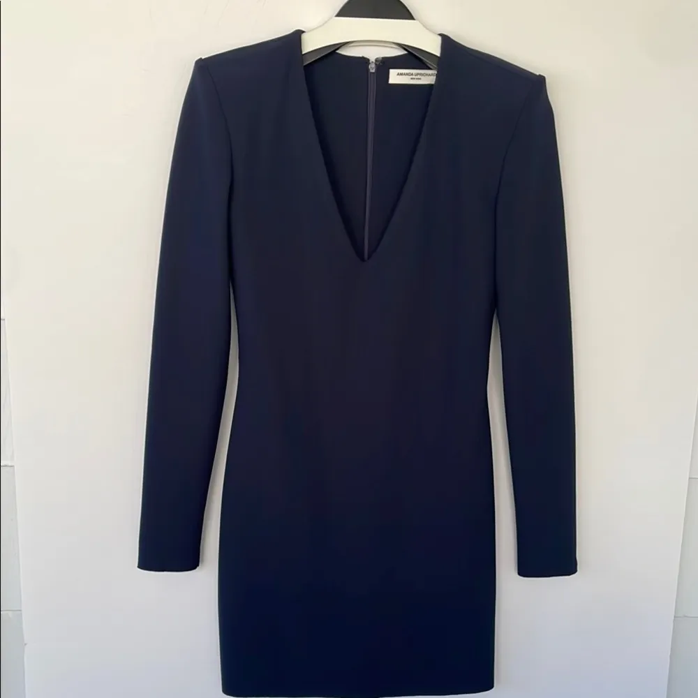 Amanda Uprichard Revolve Navy Blue Long Sleeve Raw Hem Dress Shoulder Pads Small - Image 5
