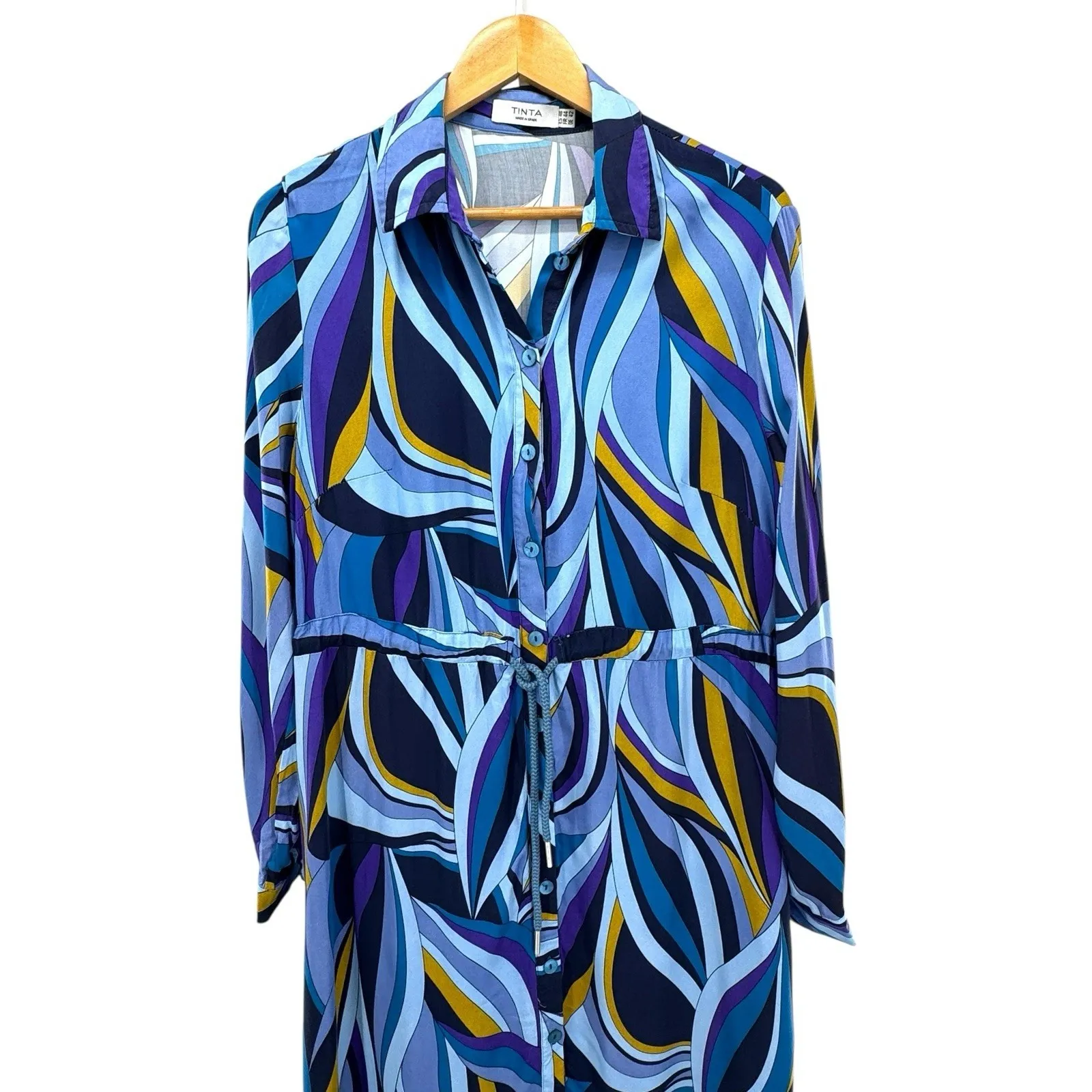 Tinta & Bariloche Zeline Shirt Maxi Dress Blue Geometric Print Belted Size‎ XL - Image 5