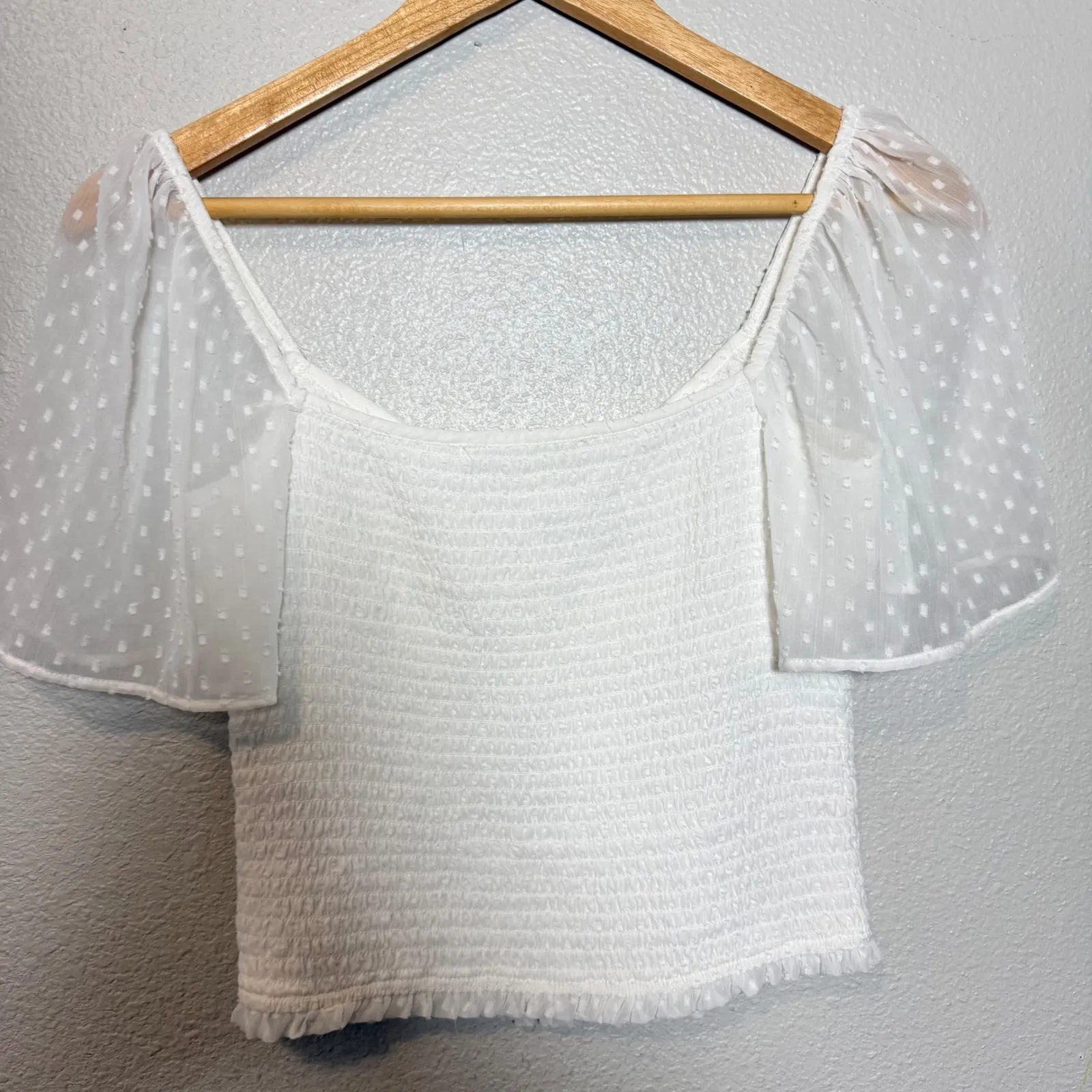 Abercrombie Fitch White Smocked Square Neck Puff Sleeve Mesh Top Size S - Image 2