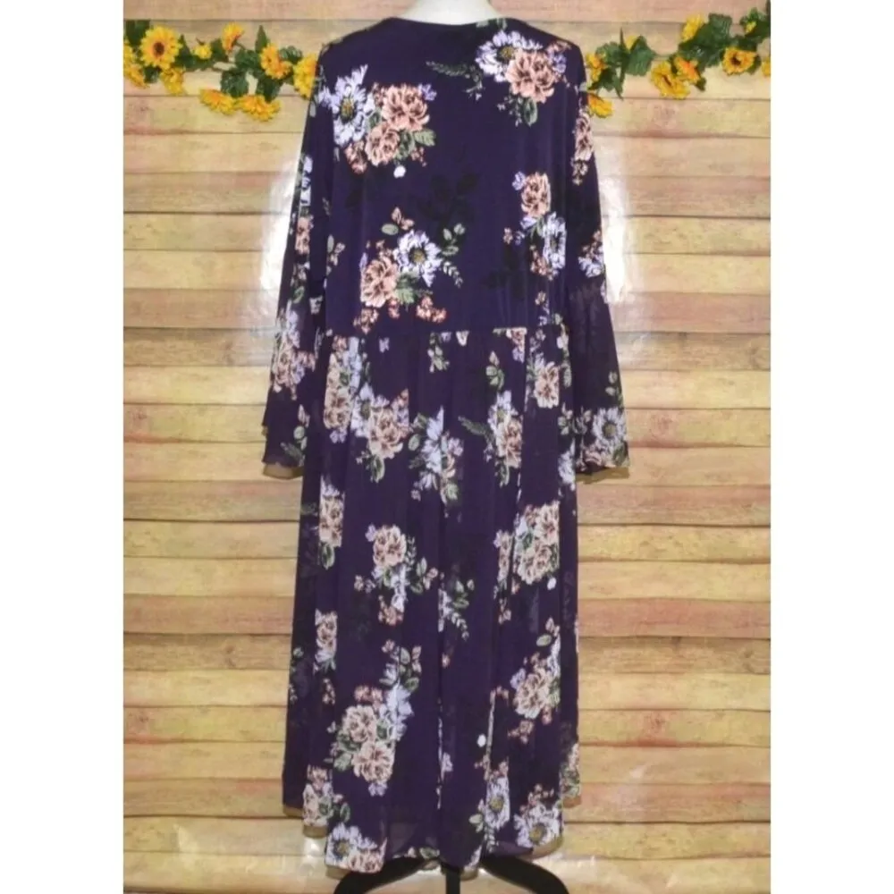 Torrid Purple Floral V-Neck Wrap Look Midi Dress Plus Size 4X Long Bell Sleeves - Image 9
