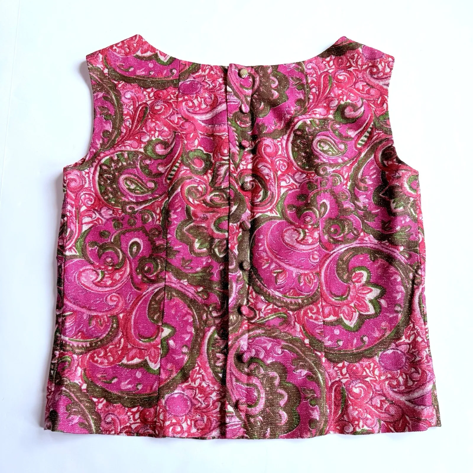 Vtg Mod‎ 50s 60s Top Women S M Pink Red Metallic Paisley Sleeveless Party Retro - Image 4