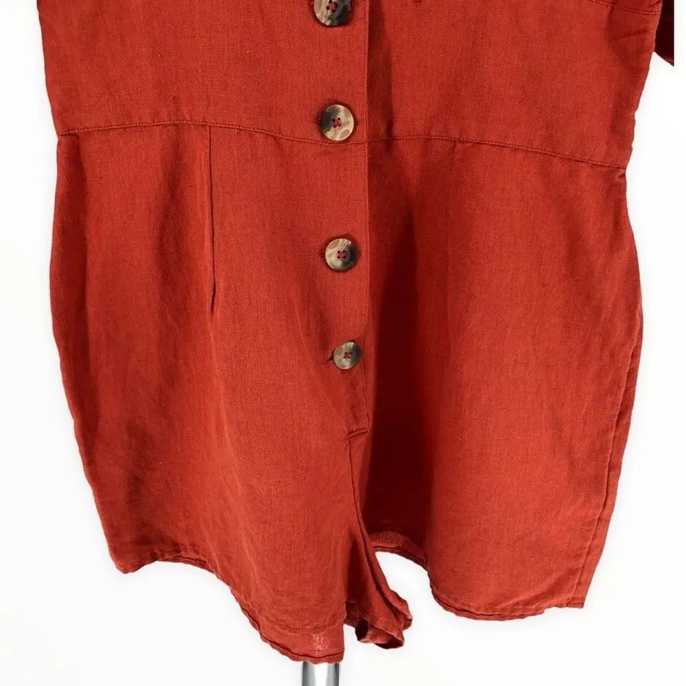Urban Outfitters Lily Linen Blend Terra Cotta Short Sleeve Button Romper Medium - Image 6