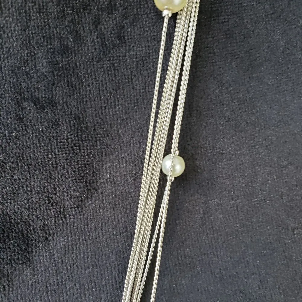 Womens Silver Tone Multi Layered Chains Dainty Faux Pearl Necklace with Lobster - Image 5