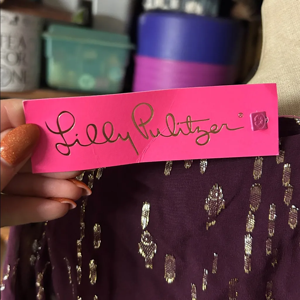 Lilly‎ Pulitzer NWT Cherry Ganache Chiffon Long Sleeve Dress Gold Accents - Image 6